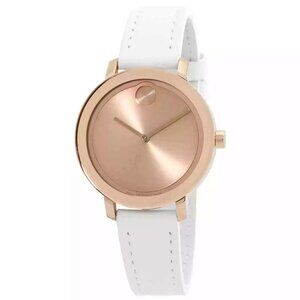 MOVADO BOLD 3600891 EVOLUTION ROSE GOLD DIAL WHITE LEATHER STRAP WOMENS WATCH